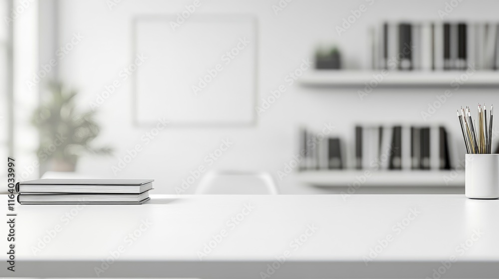 Cropped shot of white table with books, stationery and copy space in blurred study room. Cropped shot of white table with books, stationery and copy space in blurred study room.