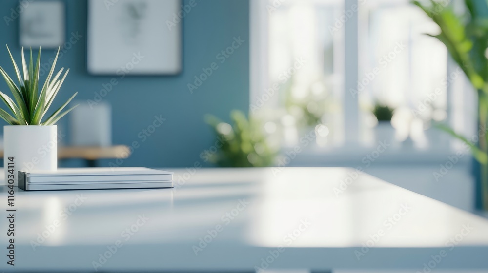 Cropped shot of white table with books, stationery and copy space in blurred study room.