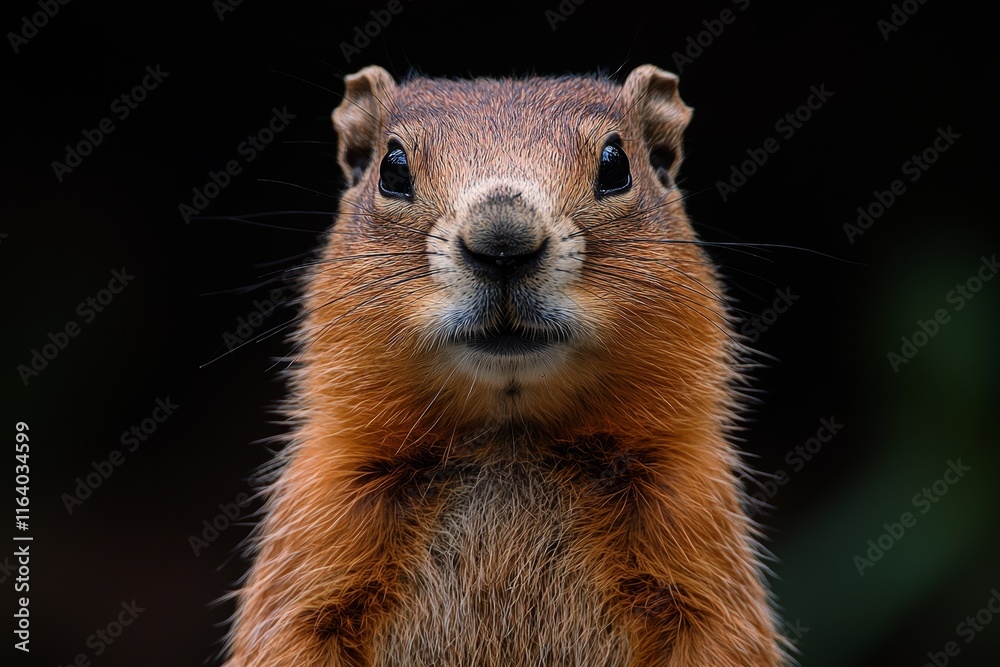 Fototapeta premium A close-up portrait of a cute brown groundhog standing behind green leaves in the garden, basking in the sunlight and looking around