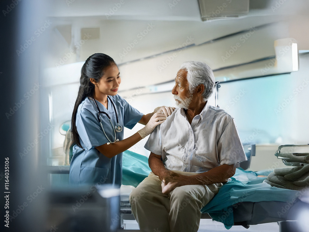 Obraz premium A young nurse provides compassionate care to a senior patient in a hospital room. The scene emphasizes empathy and healthcare.