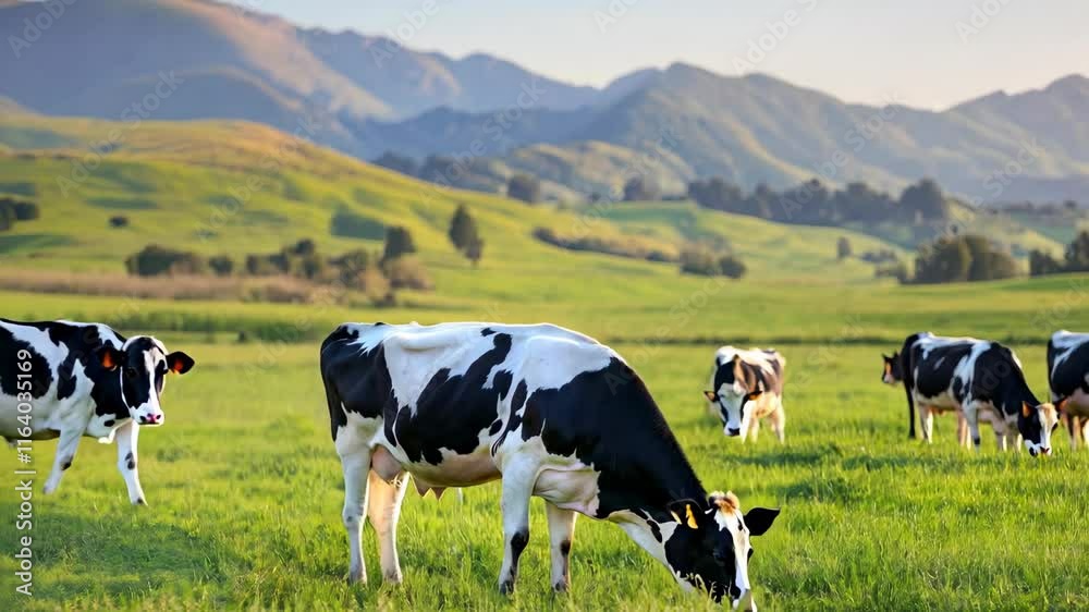 Herd of cows grazing in lush green field, surrounded by mountains, creates serene rural landscape that beautifully captures essence of nature and farm life.