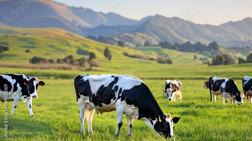 Herd of cows grazing in lush green field, surrounded by mountains, creates serene rural landscape that beautifully captures essence of nature and farm life.