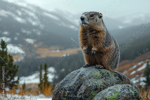 Yellow bellied marmot keeps watch in the rocky terrain above the treeline along Trail Ridge Road in Rocky Mountain National Park, CO