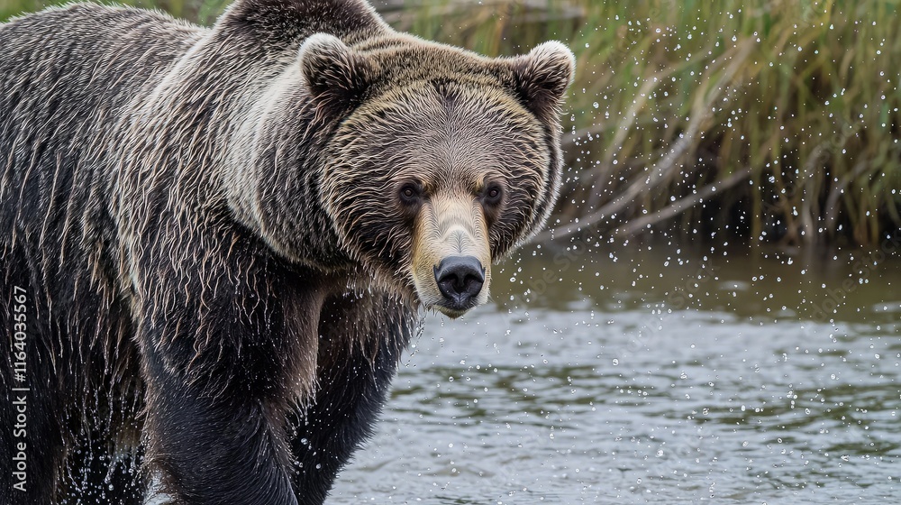 Large brown bear wading in shallow water, looking directly at the camera. Large brown bear wading in shallow water, looking directly at the camera.