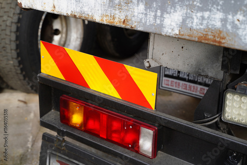 Bild auf Leinwand Truck-trailer rear reflector traffic sign indicator traffic rules take precautio
