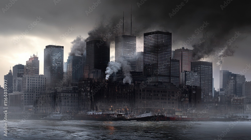 Fototapeta premium Dark Pollution Over Riverfront Cityscape