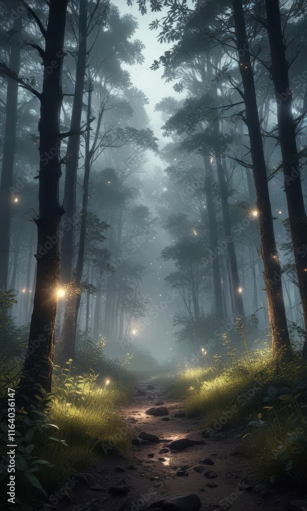 Fototapeta premium Dreamy forest with glowing fireflies and misty ambiance, nocturnal, mystical