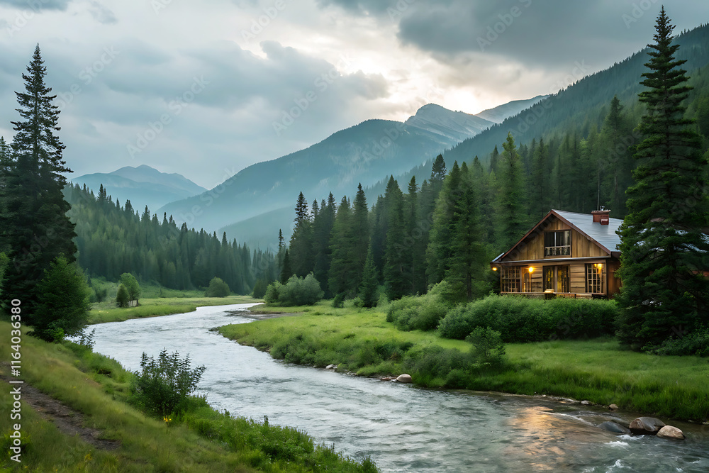 Narrow Branch of the River in the Mountains: A Scenic View of a Narrow River Branch Winding Narrow Branch of the River in the Mountains: A Scenic View of a Narrow River Branch Winding