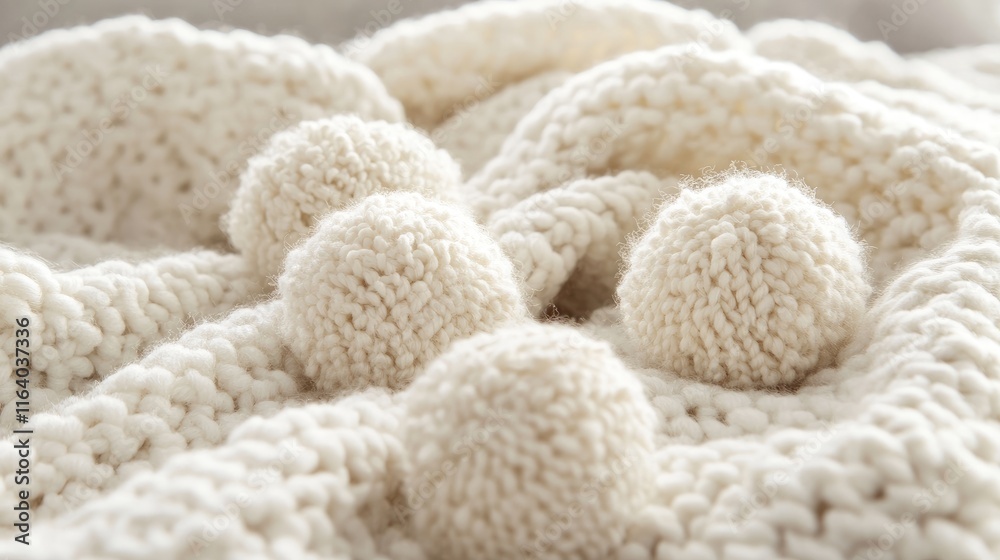 Cozy close up of warm white knitted blanket with fluffy pom poms on rustic background for home interior and fabric texture concept