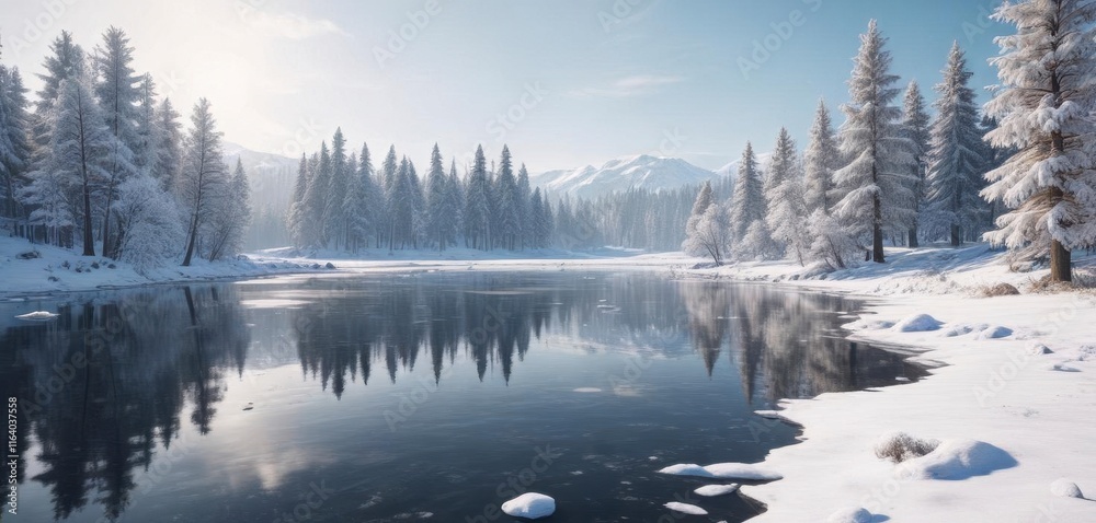 Frosty landscape with snow-covered trees and a frozen lake, Cold, Winter Frosty landscape with snow-covered trees and a frozen lake, Cold, Winter