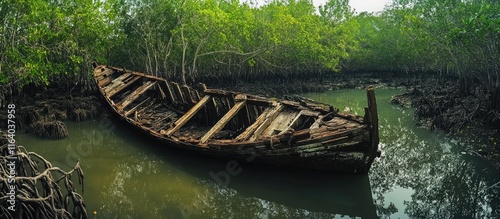 Abandoned wooden shipwreck nestled in a lush mangrove forest reflecting in tranquil waters photo