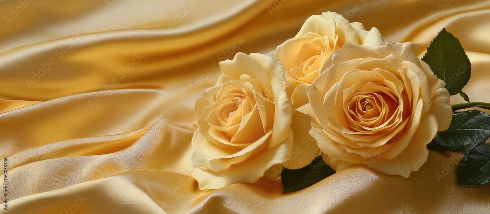 Elegant yellow roses on luxurious gold silk fabric creating a beautiful, warm floral arrangement for a romantic or celebratory theme.