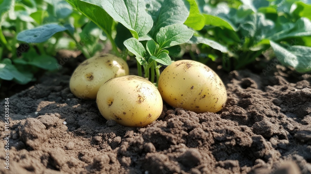 Young potato plants with green shoots emerging from rich soil, showcasing early spring growth in a vibrant agricultural setting. Young potato plants with green shoots emerging from rich soil, showcasing early spring growth in a vibrant agricultural setting.
