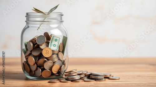 A close-up shot of someone adding coins to their savings jar, money, piggy bank photo