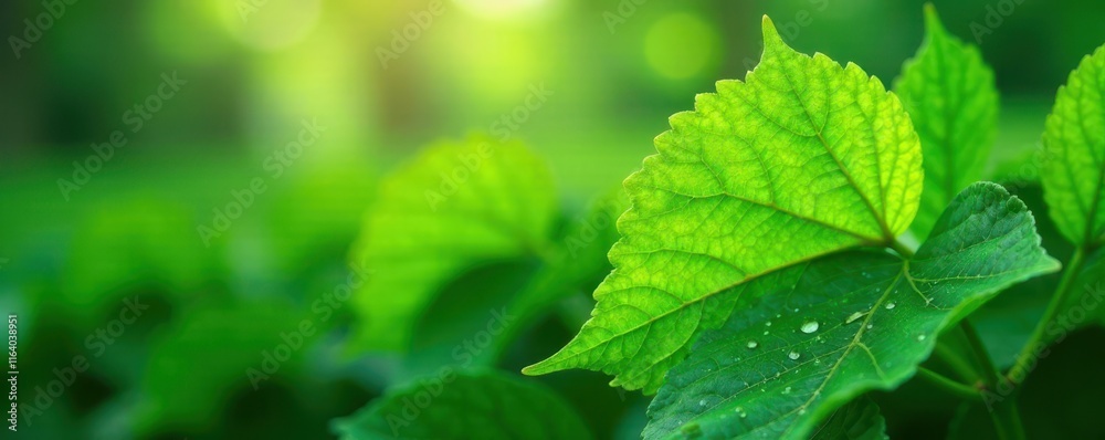 Vibrant emerald leaves, dew-kissed, sunlight dappled , new growth, veins Vibrant emerald leaves, dew-kissed, sunlight dappled , new growth, veins