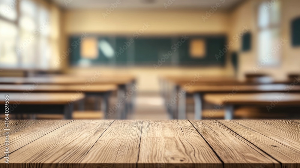 Wooden tabletop with blurred classroom backdrop ideal for product mockups and advertising displays in educational settings Wooden tabletop with blurred classroom backdrop ideal for product mockups and advertising displays in educational settings