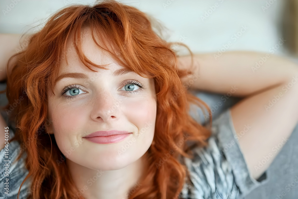 Close-up of happy redhead woman relaxing on sofa. Close-up of happy redhead woman relaxing on sofa.