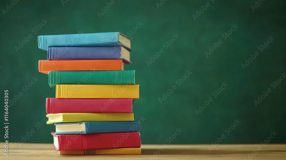 Education and reading concept - stack of colorful books on a wooden table. on a green chalkboard background. Education and reading concept - stack of colorful books on a wooden table. on a green chalkboard background.