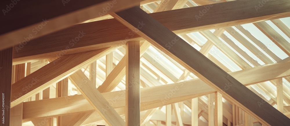 Fototapeta premium Wooden framework of a residential house under construction highlighting intricate architectural details and structural design elements