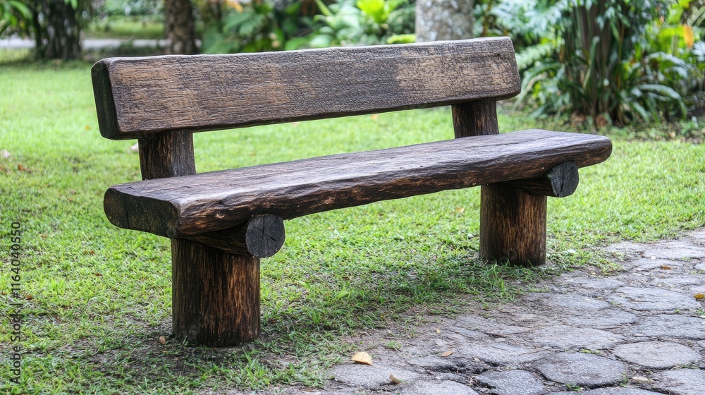 Rustic wooden bench in a serene park setting surrounded by lush greenery and natural beauty Rustic wooden bench in a serene park setting surrounded by lush greenery and natural beauty
