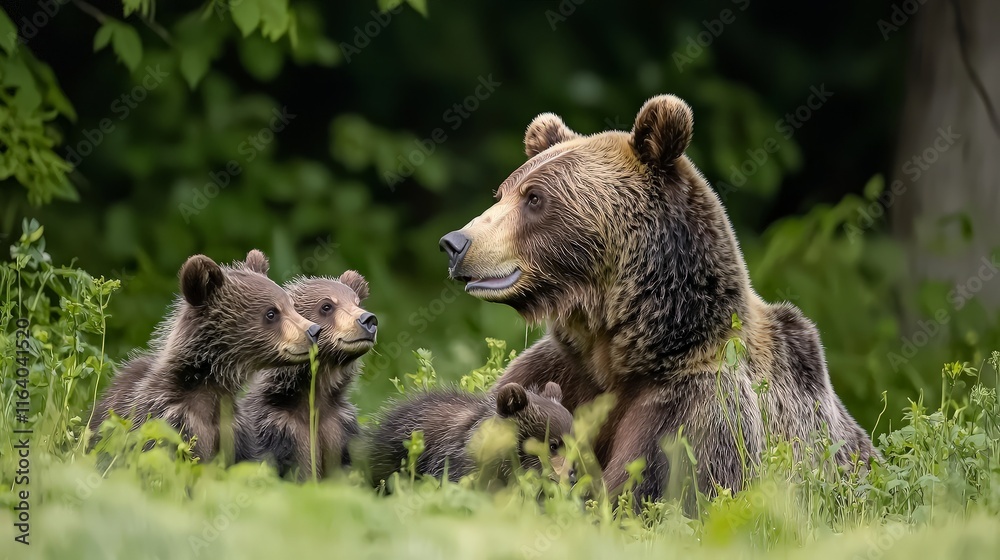 Obraz premium Mother brown bear with three cubs in lush green forest.