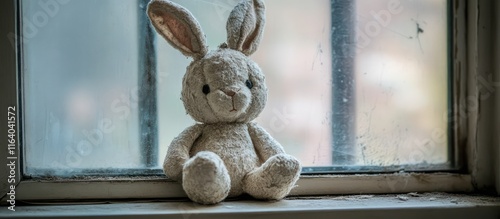 Nostalgic worn stuffed toy rabbit resting on a dusty windowsill symbolizing childhood memories and the passage of time.