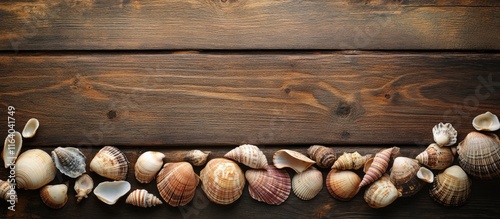 Vintage wooden backdrop adorned with assorted sea shells perfect for coastal themed designs and beach inspired decor. photo