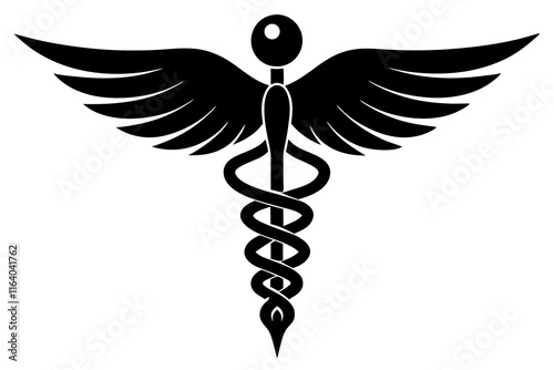 Medical caduceus silhouette. Rod of Asclepius. Medical symbol icon. Snake and stick with wings. Medicine logo. Healthcare. Isolated on white background. Vector illustration.