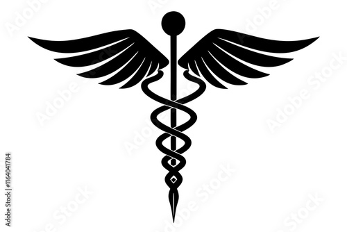 Medical caduceus silhouette. Rod of Asclepius. Medical symbol icon. Snake and stick with wings. Medicine logo. Healthcare. Isolated on white background. Vector illustration.