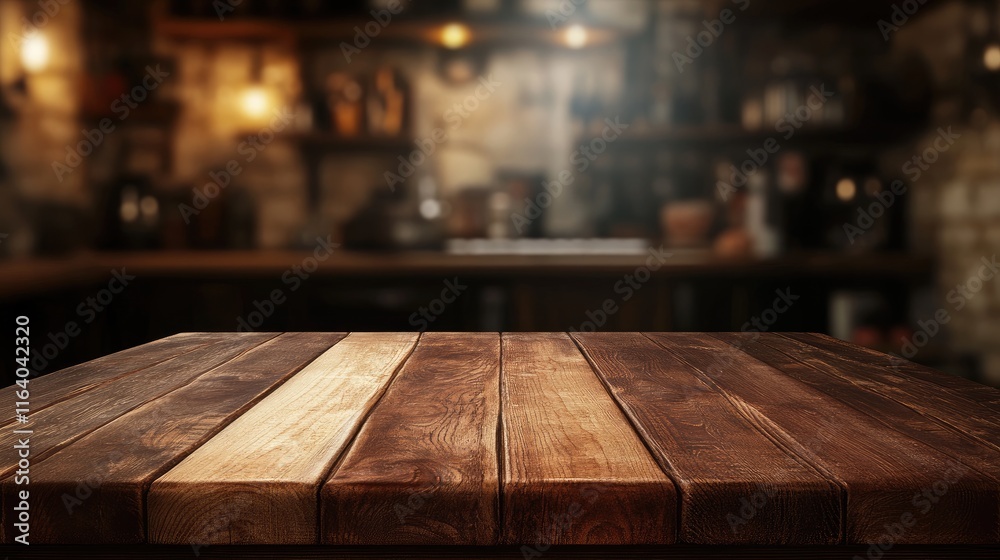 Rustic wooden table top view ideal for product display with a blurred kitchen interior background ambiance. Rustic wooden table top view ideal for product display with a blurred kitchen interior background ambiance.