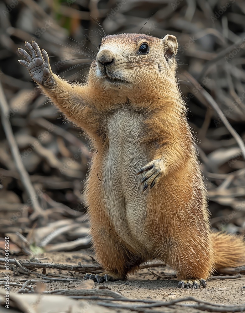 Fototapeta premium A close-up view of a groundhog (Marmota monax) searching for danger close to its burrow