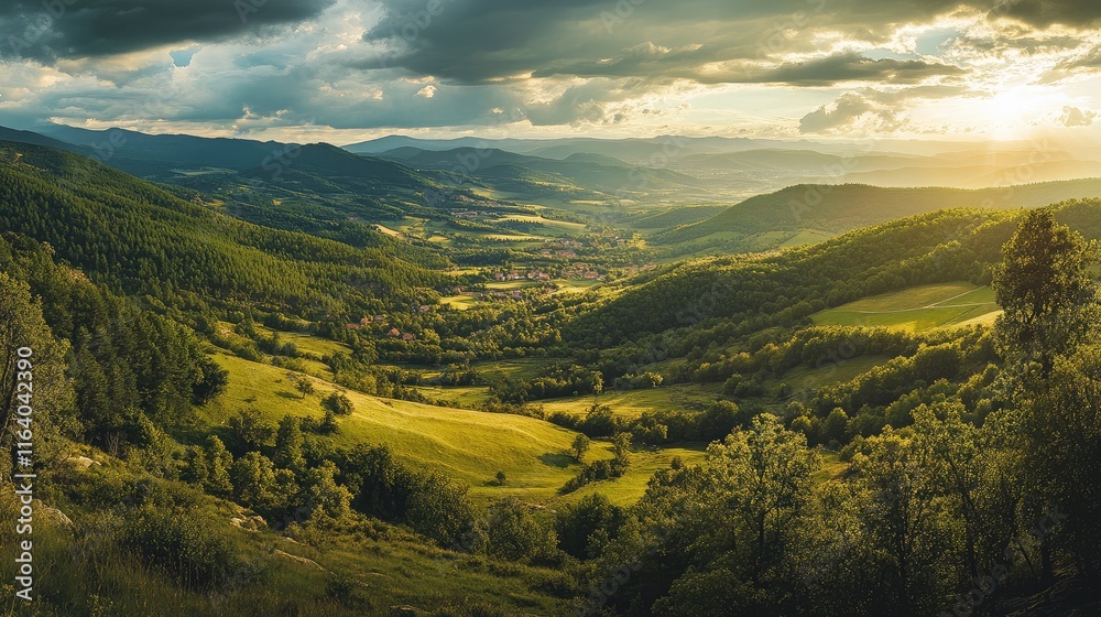 Obraz premium Stunning panoramic view of lush green alpine mountains under dramatic sky at sunset with valley and village in the distance