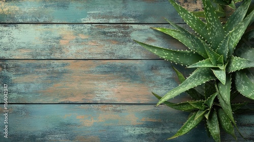 Aloe Vera leaves positioned on a rustic wooden surface showcasing natural textures and vibrant greenery for wellness and decoration themes photo