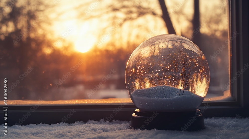 A snow globe sits on a windowsill, reflecting a winter sunset scene. A snow globe sits on a windowsill, reflecting a winter sunset scene.