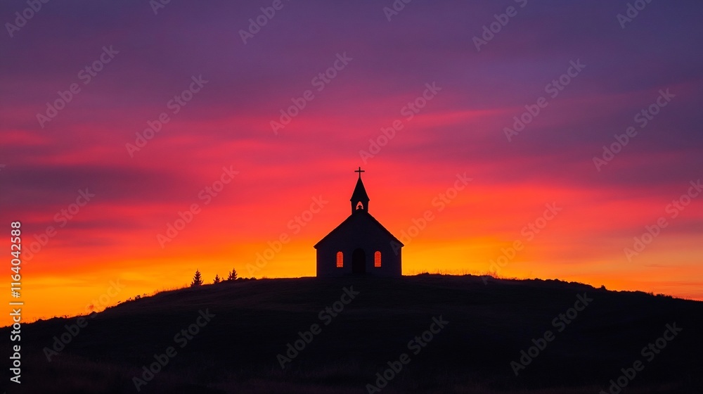 Fototapeta premium Silhouette of a small church on a hilltop at sunset, vibrant colors of orange and purple.