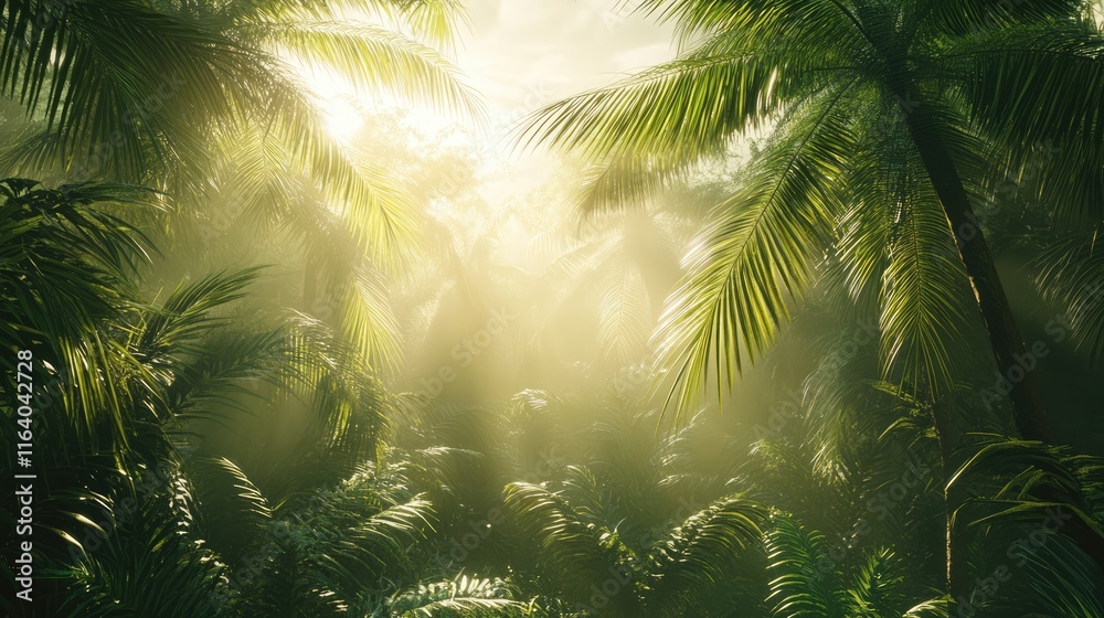 Obraz premium Lush tropical rainforest with sunlight filtering through dense palm leaves creating a serene natural atmosphere.