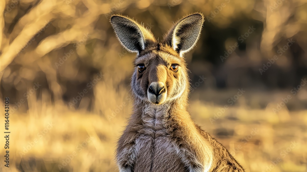 Red kangaroo portrait, staring intensely at camera in golden hour light. Red kangaroo portrait, staring intensely at camera in golden hour light.