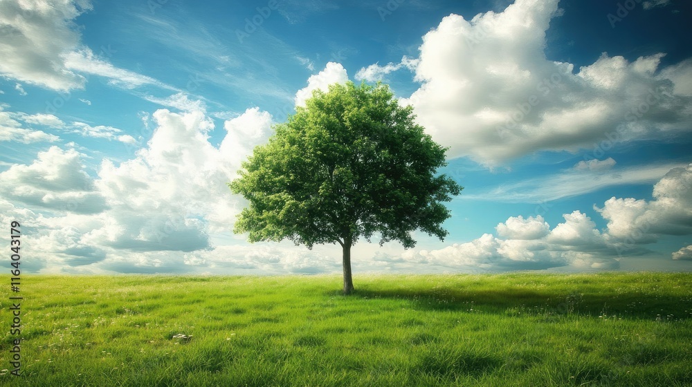 Solitary tree in a lush green field under a blue sky filled with fluffy white clouds showcasing nature's serene beauty and tranquility Solitary tree in a lush green field under a blue sky filled with fluffy white clouds showcasing nature's serene beauty and tranquility