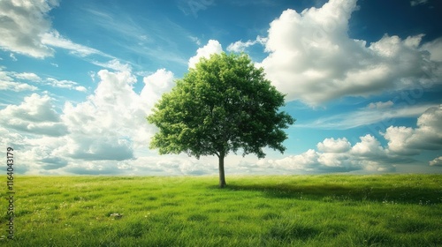 Solitary tree in a lush green field under a blue sky filled with fluffy white clouds showcasing nature's serene beauty and tranquility