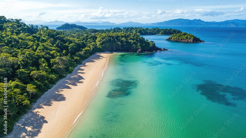 Aerial view of pristine sandy beach with crystal clear turquoise waters and vibrant tropical foliage in a serene natural landscape Aerial view of pristine sandy beach with crystal clear turquoise waters and vibrant tropical foliage in a serene natural landscape