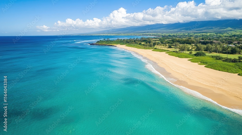 Aerial view of pristine sandy beach with clear turquoise waters and lush green coastline under a bright blue sky Aerial view of pristine sandy beach with clear turquoise waters and lush green coastline under a bright blue sky