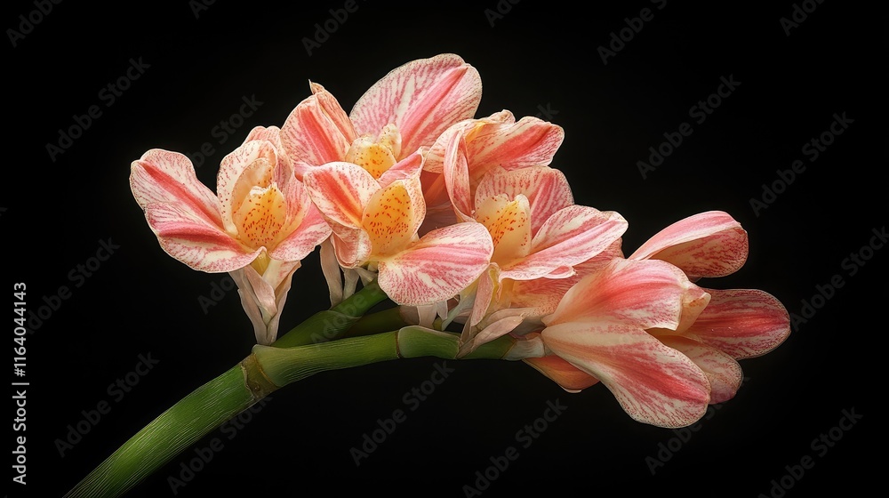 Fototapeta premium Variegated shell ginger Alpinia zerumbet flowers showcasing delicate pink and white petals on a dark background.