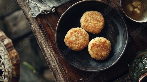 Aloo Tikki crispy potato patties served on a rustic wooden table with spices and condiments for a delectable snack experience