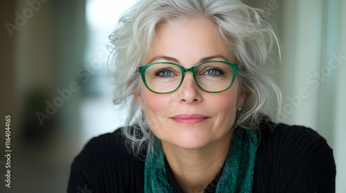 Portrait of a confident mature woman with gray hair and green glasses.