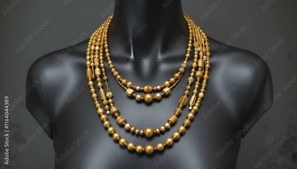 Chic layered gold necklace displayed on a black mannequin for a striking look Chic layered gold necklace displayed on a black mannequin for a striking look