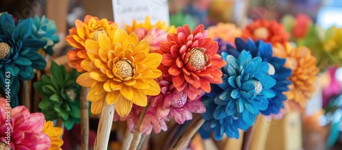 Vibrant spongewood artificial flowers showcased for sale at a handicraft fair in a colorful market display setting photo