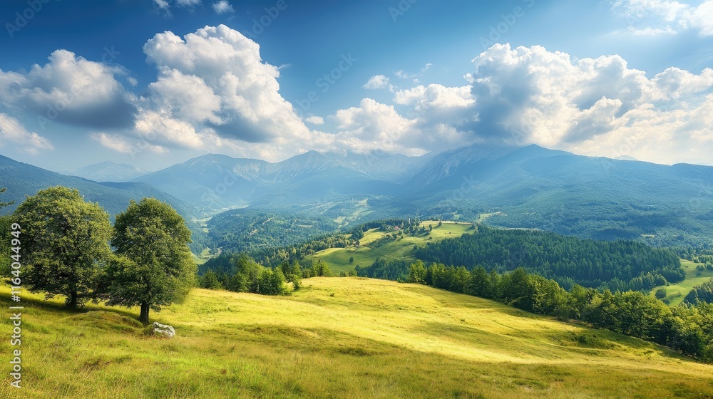 Breathtaking Alpine landscape showcasing majestic mountains, lush fields, and dramatic clouds under a vibrant blue sky Breathtaking Alpine landscape showcasing majestic mountains, lush fields, and dramatic clouds under a vibrant blue sky