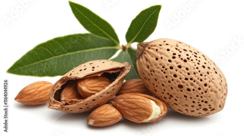 almonds in shell and shelled with green leaves on a white background showcasing natural healthy snacks and culinary ingredients