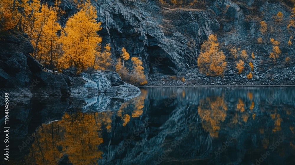 Autumn foliage reflecting on tranquil water at Quarry Lake surrounded by rocky cliffs and vibrant yellow trees in serene landscape scene Autumn foliage reflecting on tranquil water at Quarry Lake surrounded by rocky cliffs and vibrant yellow trees in serene landscape scene