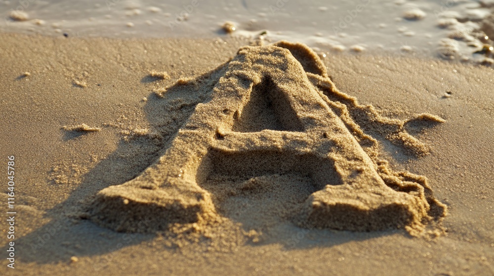 Alphabet letter A carved in sandy beach with gentle waves lapping at the shore creating a tranquil and artistic seaside scene. Alphabet letter A carved in sandy beach with gentle waves lapping at the shore creating a tranquil and artistic seaside scene.